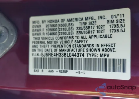 2011 Honda Cr-V Lx from USA, damaged, VIN 5J6RE4H33BL044374